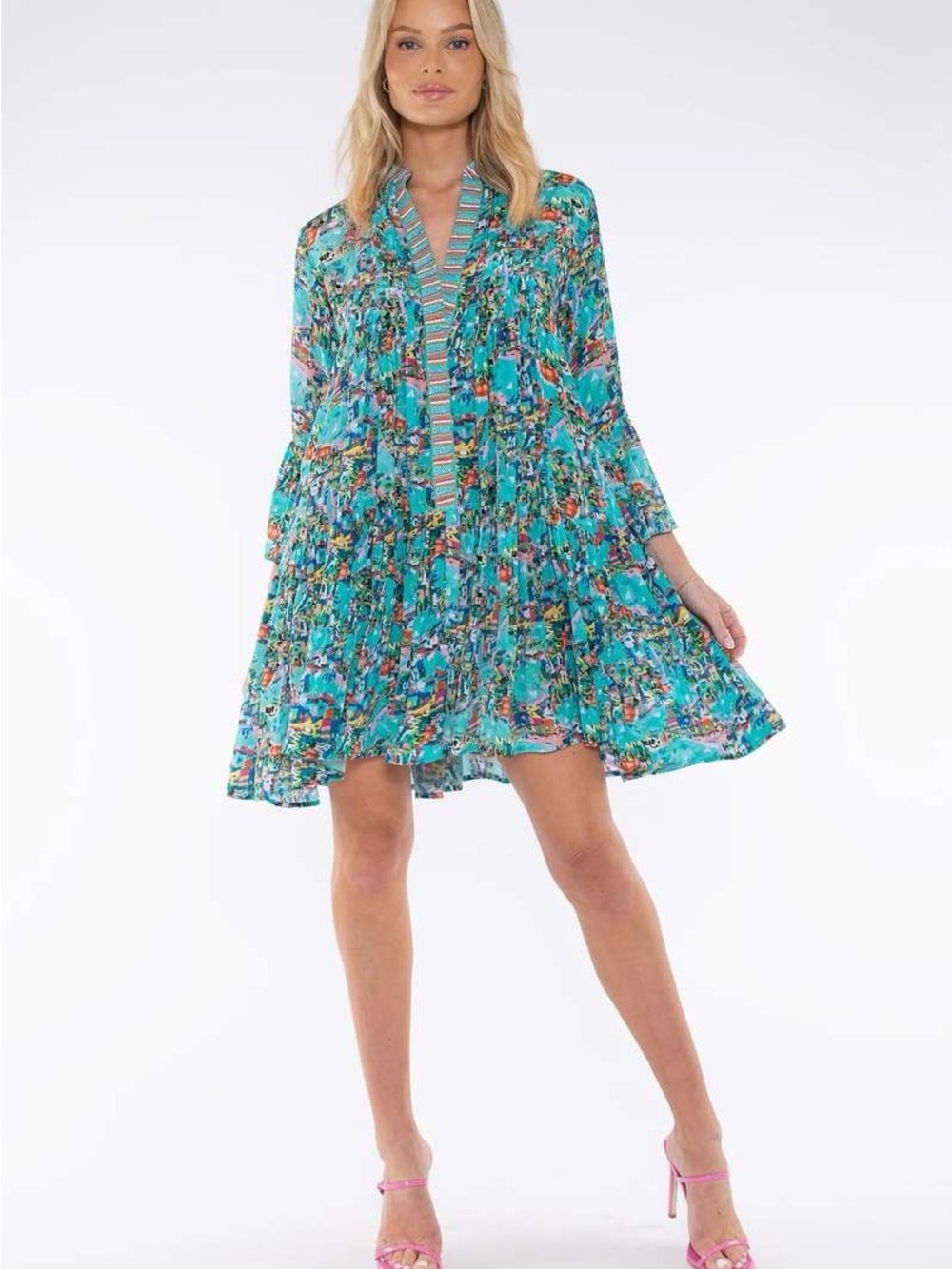 TAJ by Sabrina Crippa Teal Floral Tiered Mini Dress